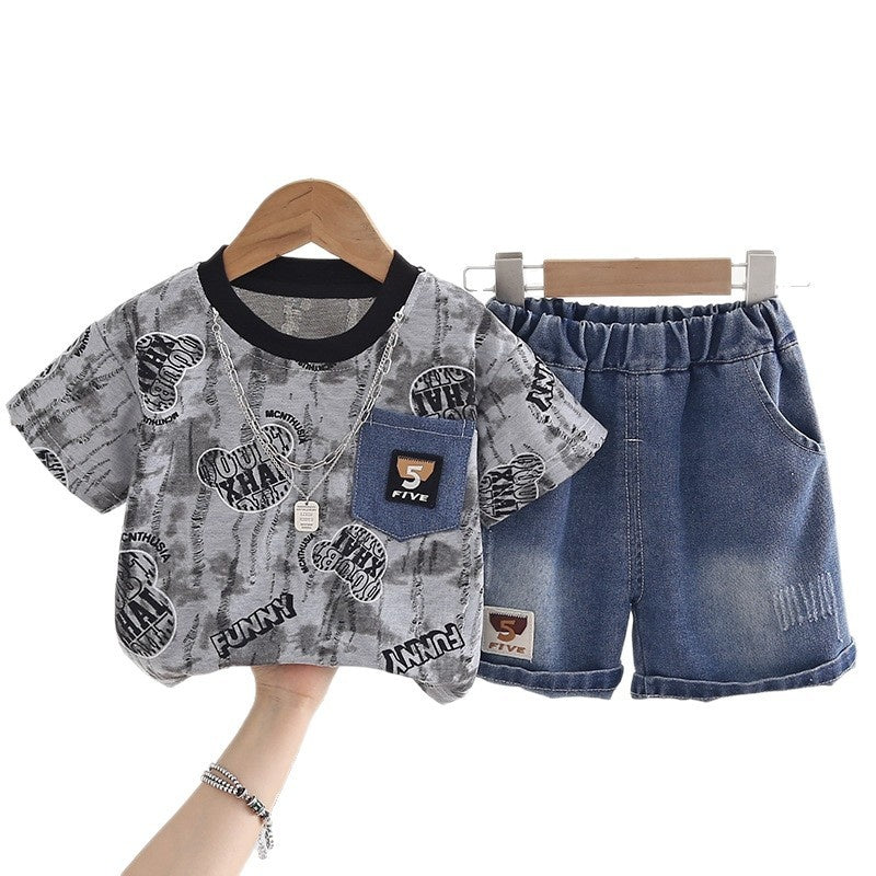 Boys' Summer Outfit Stylish Children's Full-Print Bear Head Short-Sleeve Two-Piece Set, 2026 New Fashionable Casual Clothes for Handsome Little Boys
