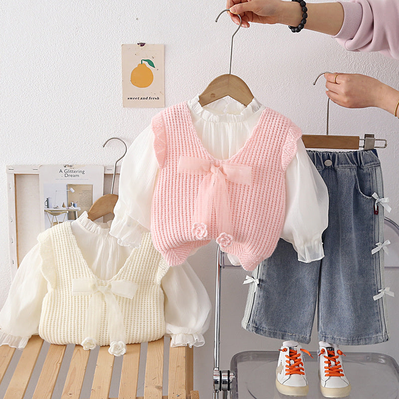 Girls' and Autumn Ribbon Bow Vest Three-Piece Set 2026 New Fashionable Children's Baby Girl Spring Outfit