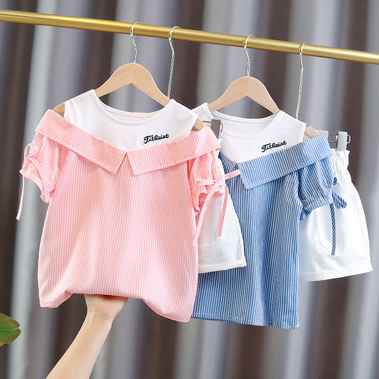 Summer Girls' Outfit 2023 New Korean Style for Older Children, Two-Piece Set with Off-Shoulder Top Shorts, Stylish and Trendy