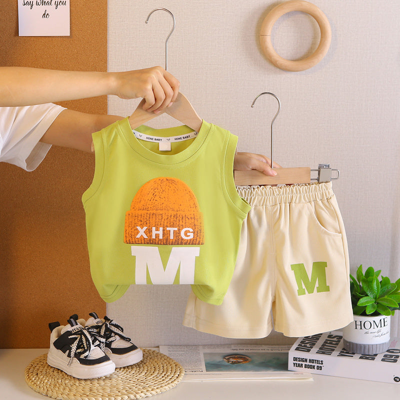Boys' Outfit 2026 New Cool and Stylish Children's Clothing Summer Hat Letter Print Baby Vest Two-Piece Set