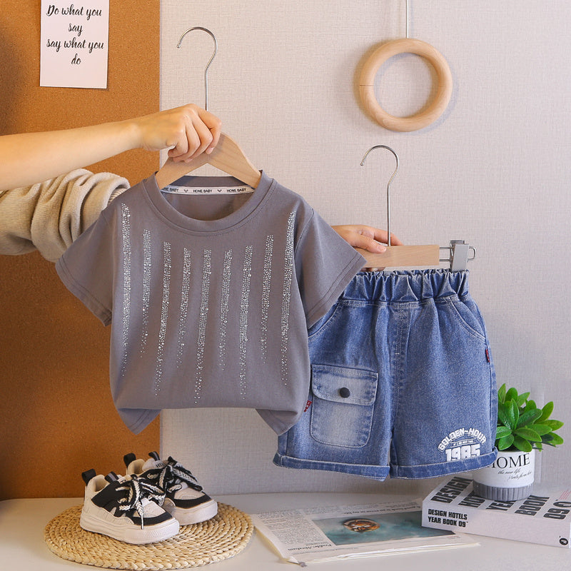 2026 Foreign Trade Summer Round Neck Rhinestone Children's Printed Thin T-shirt and Denim Two-piece Set Wholesale 3