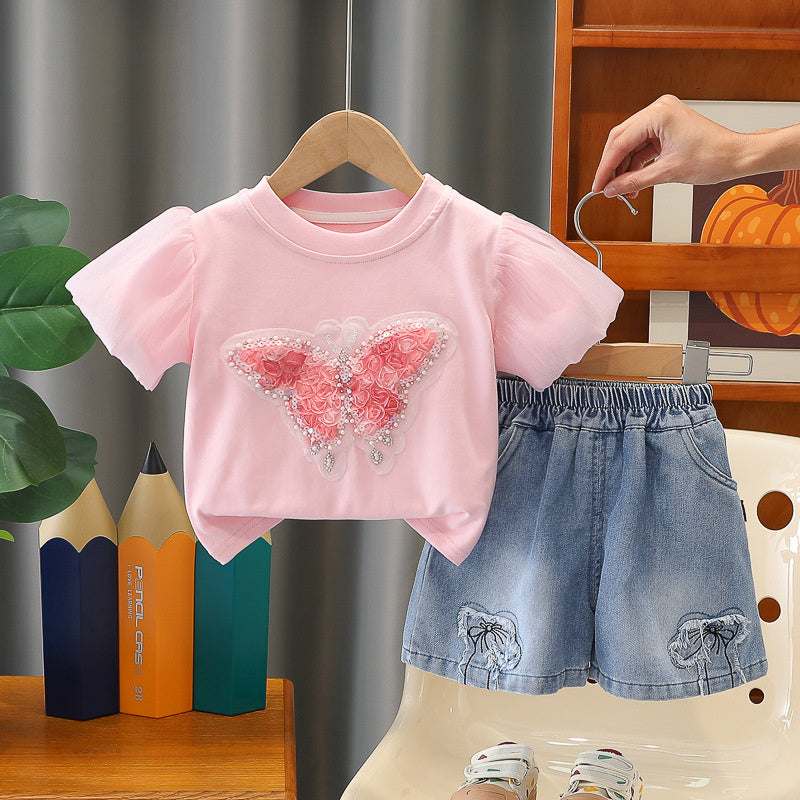 Little girl's summer butterfly short-sleeve outfit, stylish 2026 new baby clothes, fashionable and cute two-piece set for babies