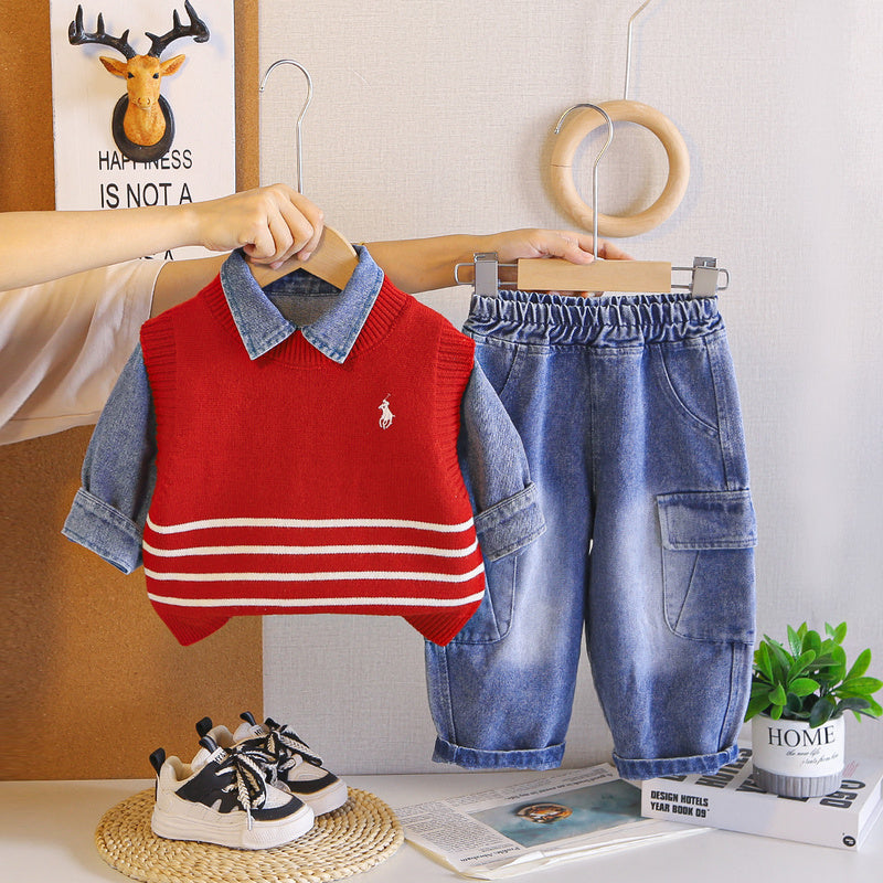 Boys' Autumn Outfit Set Spring/Autumn 2026 New Fashionable Embroidered Sweater and Pants for 1-2 Year Old Baby Boys