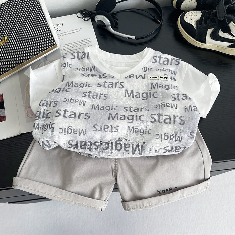 Boys' Outfit Children's Letter Print Short Sleeve Three-Piece Set 2026 New Style for Little Boys 1-3 Years Old Baby Summer Clothes