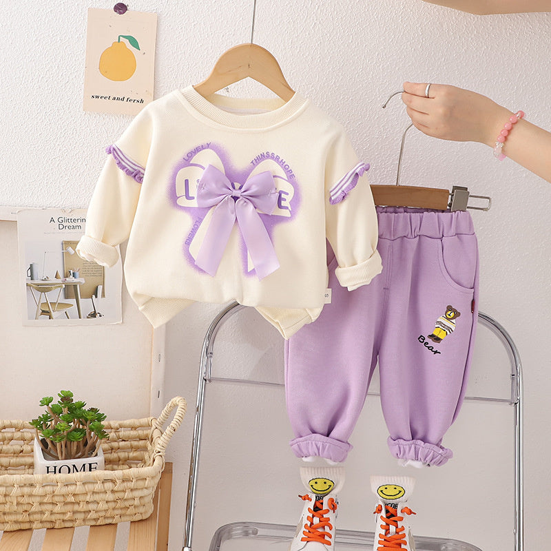 Children's Spring Autumn Bowknot Long-Sleeve Sweatshirt Baby Outfit, Stylish and Casual Two-Piece Set with Long Pants for Girls