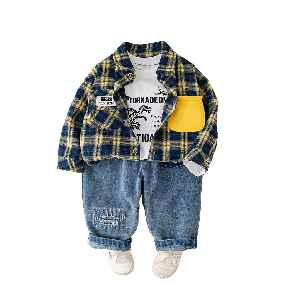 Stylish trendy children's clothing boys, baby outfit, dinosaur plaid shirt three-piece set, 2026 new model for infants in spring and autumn
