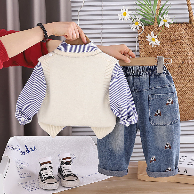Boys' Sports Outfit 1-3 Years Old Baby Spring and Autumn Cat Sweater Vest Three-Piece Set Infant Toddler Clothing