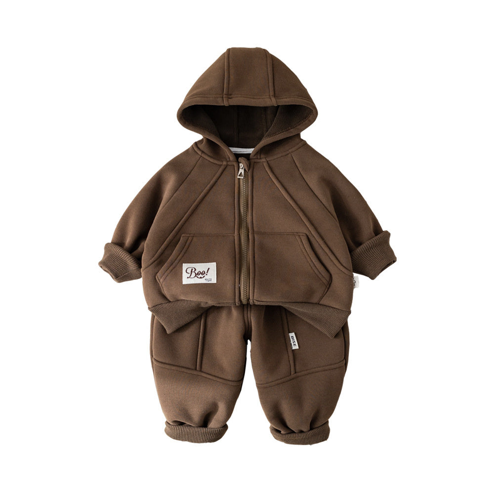 Fleece-Lined Suit 2025 Stylish New Children's Boys' Autumn Winter Solid Color Zipper Two-Piece Set Trendy