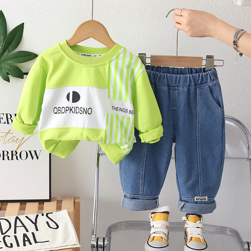 Boys' Outfit Set 2026 New Style Infant Children's Spring and Autumn Striped Sweatshirt Two-Piece Handsome Color-Block Clothes for Baby Boys