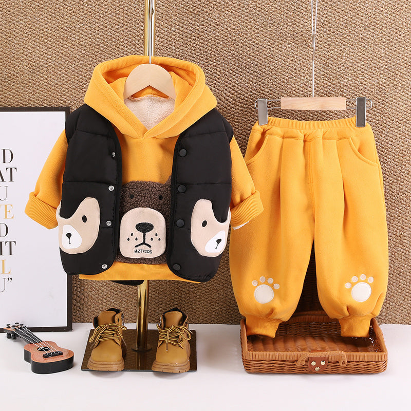 Baby Fleece-Lined 2 Children's Clothing Autumn Toddler Outfit Infant 1-Year-Old Boy Winter Bear Head Three-Piece Set