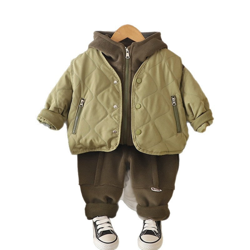 Boys' Thickened Outfit Winter Korean Style Fashionable Children's Outerwear Zipper Pocket Vest Fleece Three-Piece Set Trendy