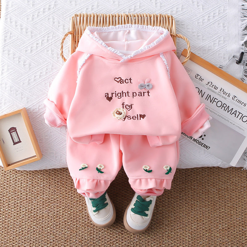 Girls' Autumn 2026 New Fashionable Spring Outfit Baby Lace Hooded Sweatshirt Cartoon Two-Piece Set for Infants and Children