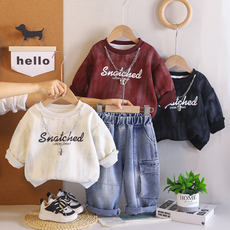 Boys' Autumn Outfit Round Neck Shirt 2026 New Fashionable Baby Spring/Autumn Necklace Letter Sweatshirt Two-Piece Set Trendy
