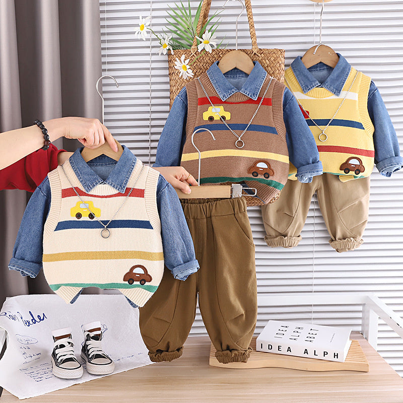 Boys' outfit set, stylish baby boy spring and autumn fashion infant clothing, striped car sweater three-piece set
