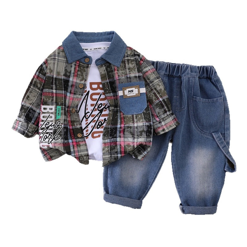 Outfit Set: Baby Plaid Shirt Three-Piece Casual Boys' Clothing Children's Spring and Autumn Set