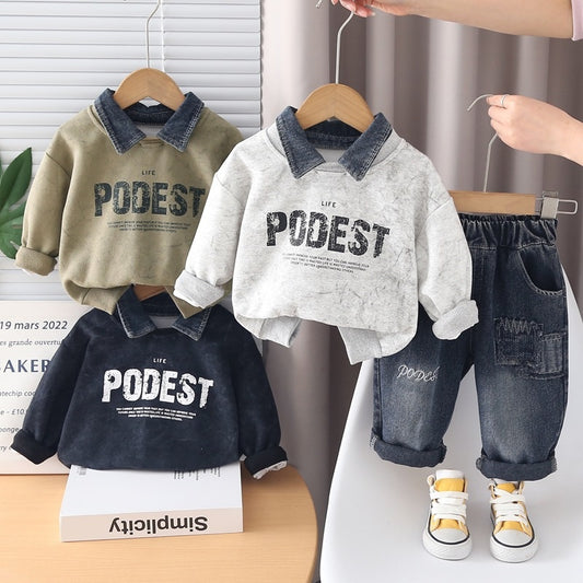 Boys' Outfit 2026 New Fashionable Children's Clothing Baby Spring and Autumn Two-Piece Set with Detachable Denim Collar