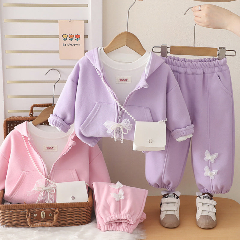 Girls' Outfit 2026 New Korean Style Children's Lace Butterfly Dress Baby Girl Autumn Casual Three-Piece Set