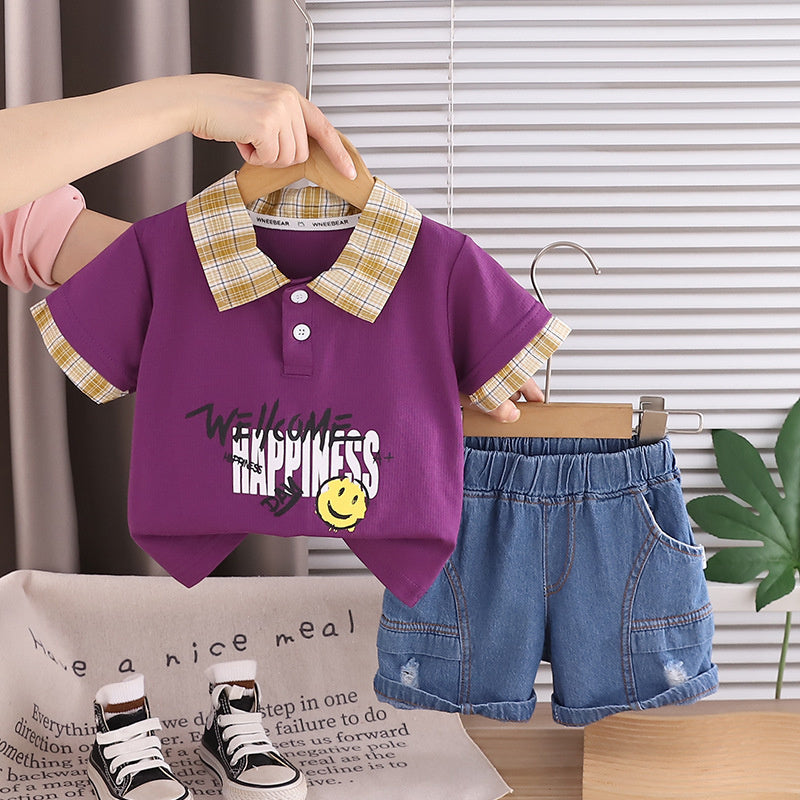 Boys' Outfit 2026 New Fashionable Baby Plaid Smiley Face Short Sleeve Two-Piece Set Children's Summer Clothing