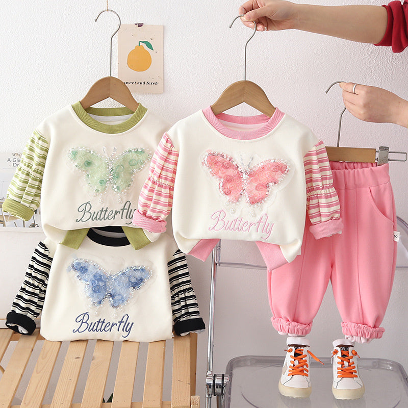 Girls Spring and Autumn Suit 2026 New Style Children's Clothes Baby Sequin Bow Sweatshirt Two-piece Set