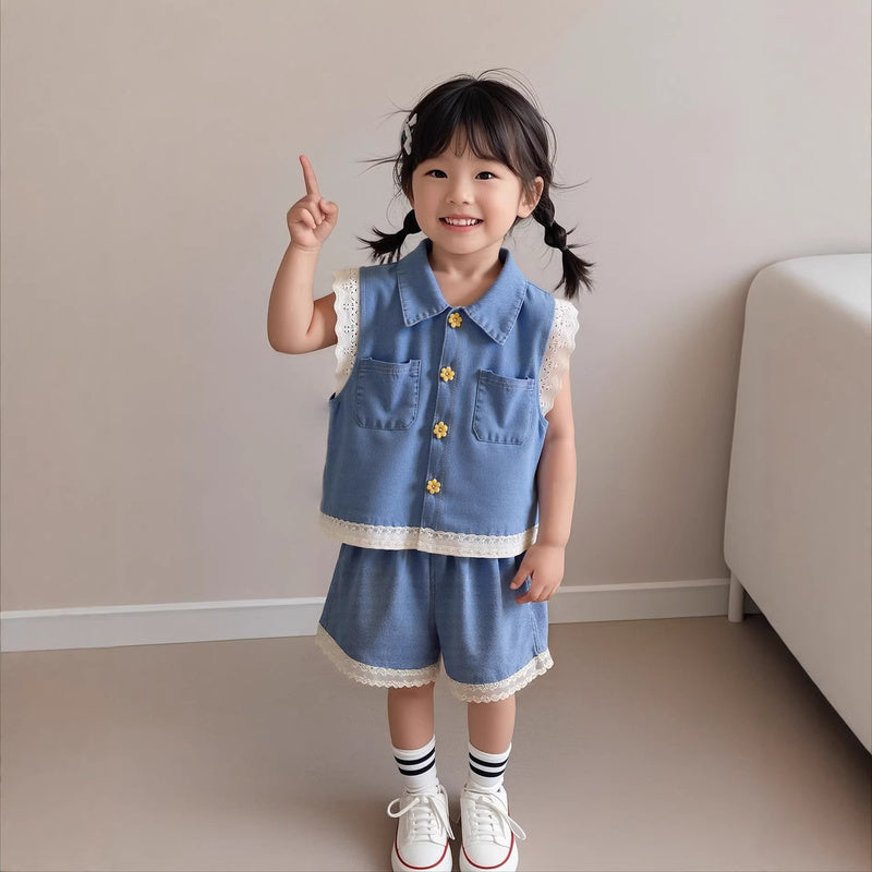 Girls' Outfit Set 2026 New Trendy Cool Children's College Style Denim Vest for Girls Summer Short Sleeve Wholesale
