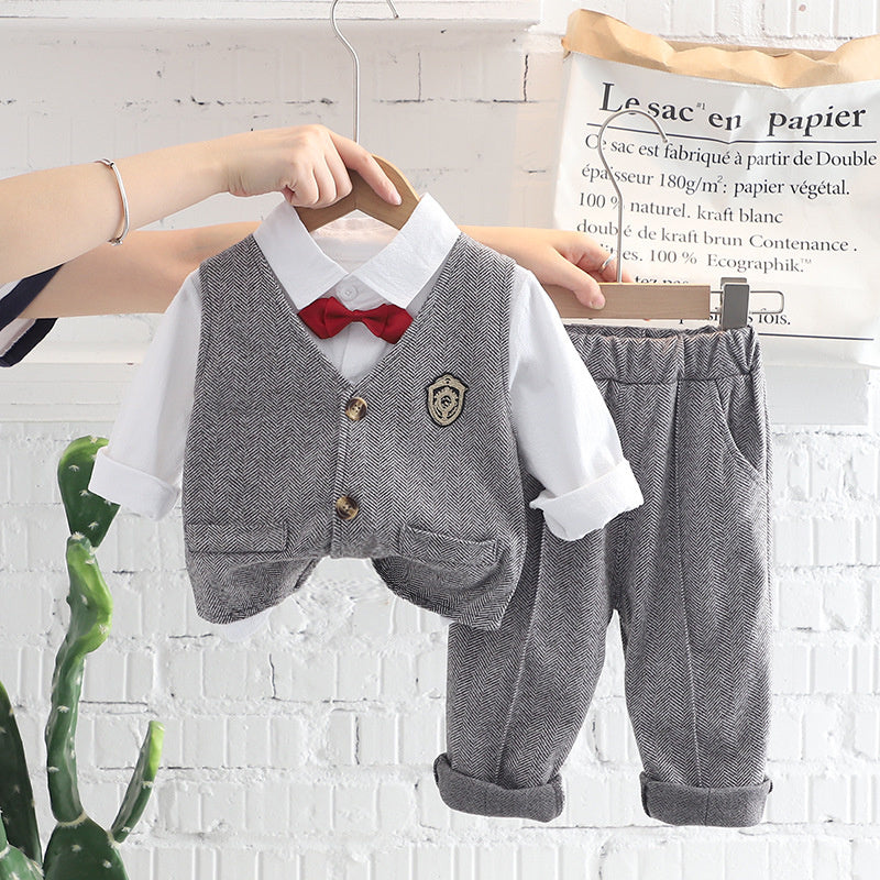 Small Medium Boys Spring and Autumn Korean Version Handsome Baby Plaid Vest Shirt Three-Piece Suit Long Sleeve Set Manufacturer Wholesale