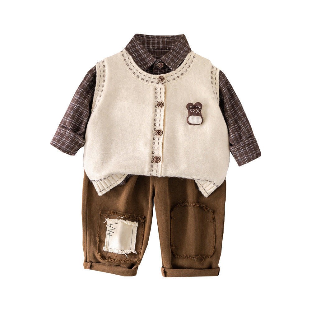 Boys' Spring and Autumn 2025 New Fashionable Children's Stylish Baby 3D Bear Head Cardigan Sweater Three-Piece Set Trendy