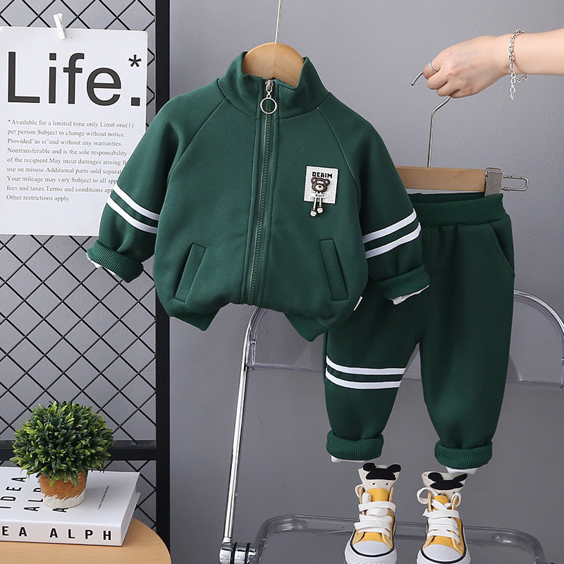 2024 Zipper Bear Logo Solid Color Clothing Boys and Girls Long Sleeve Two-Piece Children's Autumn Outfit Set