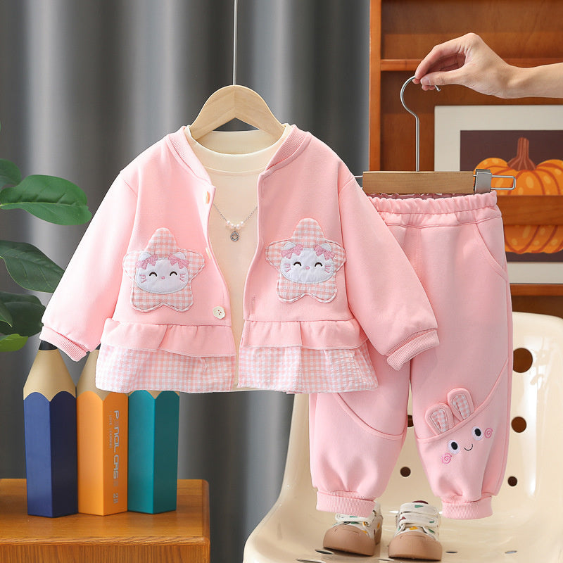 Girls' Autumn 2, Children's Clothing, Fashionable Girl's Star and Cat Three-Piece Set, Spring Outfit for 1-Year-Old Baby Girl