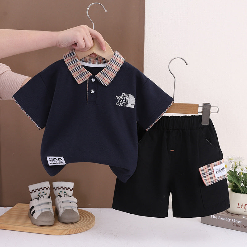 Boys' Outfit 2026 New Children's Plaid Collar Short Sleeve Summer Clothes Baby Embroidered Casual Two-Piece Set Trendy