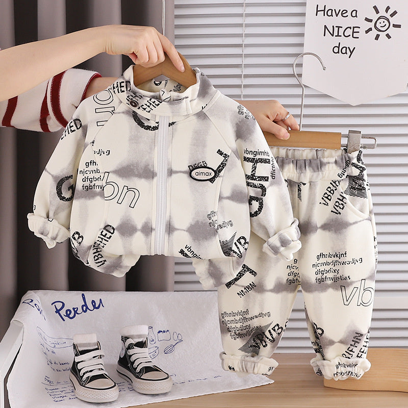 Boys' Outfit 2026 New Fashionable Baby Full-Print Zipper Long-Sleeve Two-Piece Set for Children in Spring and Autumn