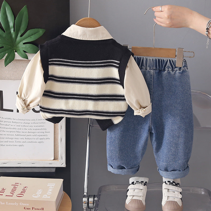 Children's striped sweater, vest, cardigan 2026 new stylish three-piece set for boys, baby spring and autumn clothing wholesale