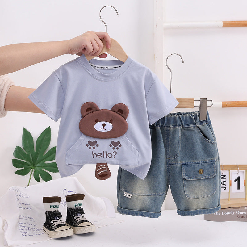 Boys' Short-Sleeve 2026 Trendy New Outfit with Bear Head Pocket Baby Clothes Children's Summer Two-Piece Set