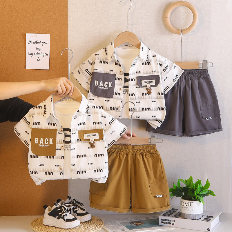 Boys' Short-Sleeve 2026 New Stylish Baby Summer Clothes Trendy Three-Piece Set with Pocket Cover and Bear Design