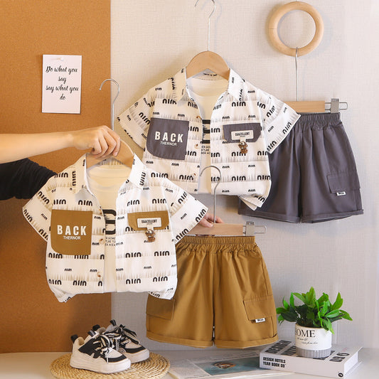 Boys' Short-Sleeve 2026 New Stylish Baby Summer Clothes Trendy Three-Piece Set with Pocket Cover and Bear Design