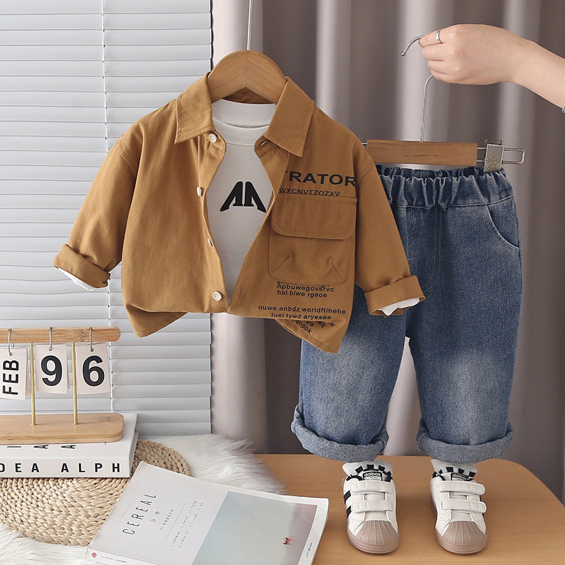 Boys' Outfit 2026 New Fashionable Children's Autumn Clothing Baby Korean Style Solid Color Letter Jacket Three-Piece Set Trendy