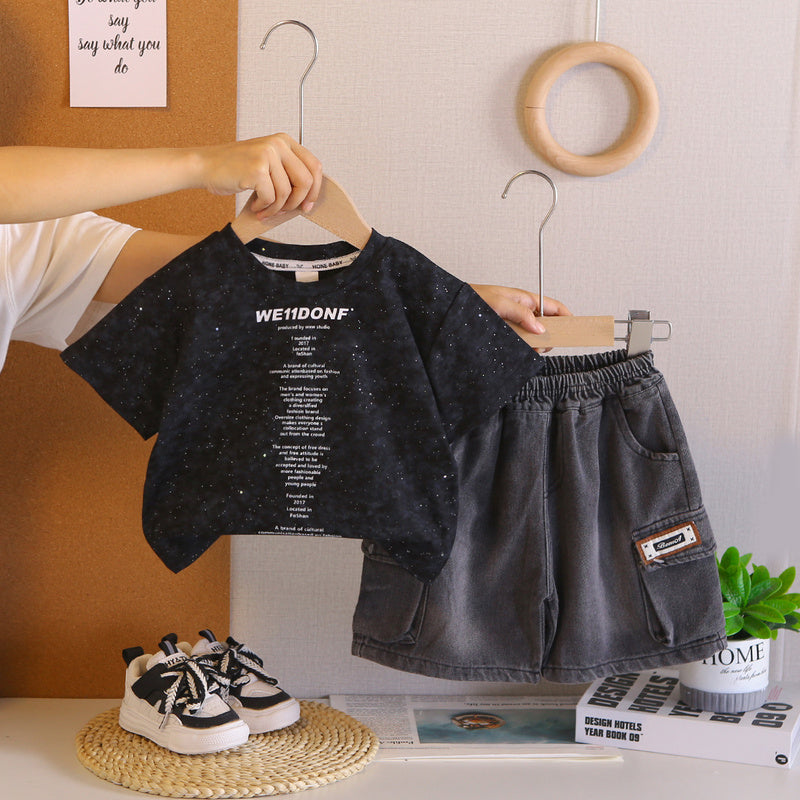 Baby boy outfit children's clothing ages 1-3, stylish summer style for boys, small letter print short-sleeve two-piece set, trendy