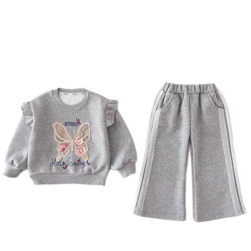 Girls' Spring and Outfit 2026 New Fashionable Baby Girl Autumn Clothing Korean Style Butterfly Sweatshirt Two-Piece Cartoon Trendy Set
