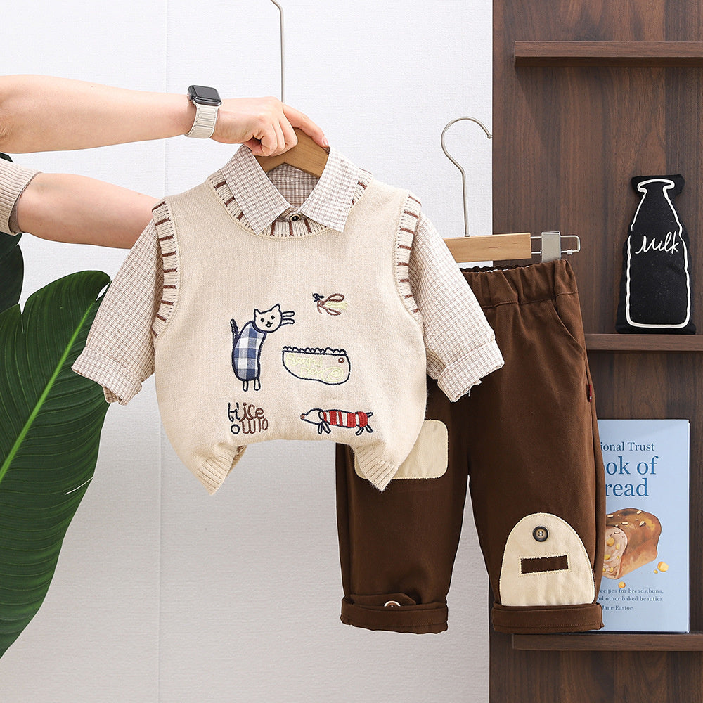 Spring and Autumn Outfit 2026 New Style Toddler Sweater Children's Boys' Baby Cat Vest Three-Piece Trendy Set
