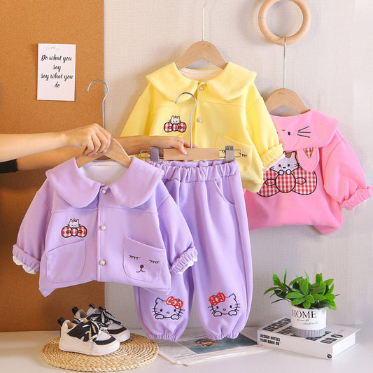 Girls' Spring Outfit: Stylish Bowknot Cat Two-Piece Set, Cute Cartoon Clothes for Toddlers, Trendy Infant Clothing