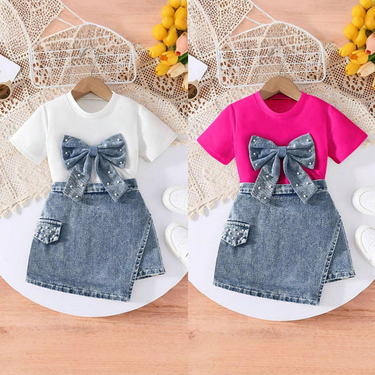 2026 European and American cross-border children's clothing set: girls' bowknot pearl T-shirt + fashionable denim skirt-pants two-piece set