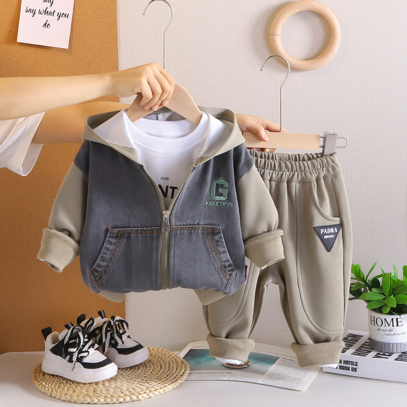 Boys' 2025 New Korean Style Toddler Baby Spring and Autumn Patchwork Denim Hooded Sports Three-Piece Set