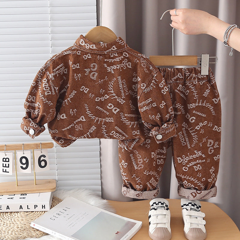 Boys' Spring and Outfit 2026 New Fashionable Children's Letter Print Denim Three-Piece Set Baby Autumn Jacket Trendy