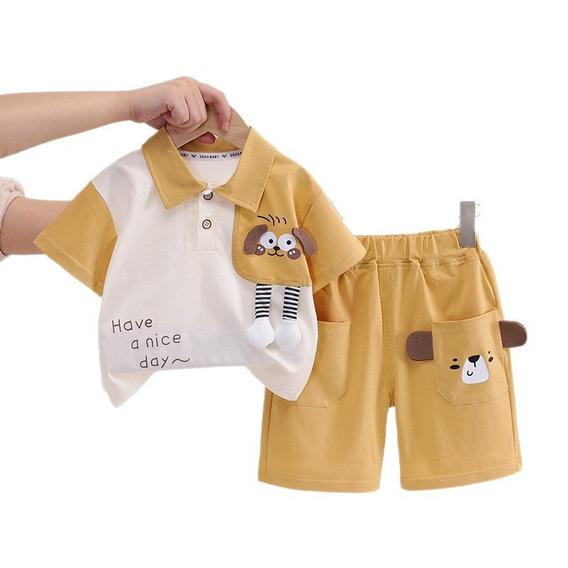 Boys' Suit 2026 New Style Color-Block Animal Placket Two-Piece Set Infant Short-Sleeve Baby Summer Clothes
