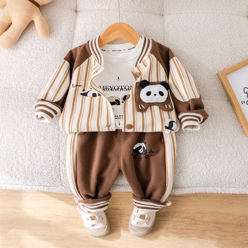 Wuxiaoqi Children's Clothing 2025 Spring and Autumn New Style 0-4 Years Old Boys Vertical Striped Panda Baseball Uniform Long T-shirt Pants Set