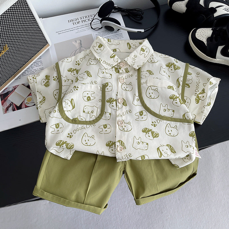 Boys' Summer Outfit 2026 New Style for 1-2-3 Years Old, Stylish Baby Casual Full-Print Short-Sleeve Shirt Two-Piece Set