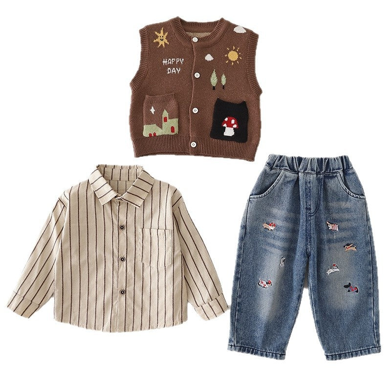 Boys' Spring Outfit 2026 New Fashionable Baby Children's Cartoon Little Sun Sweater Three-Piece Set