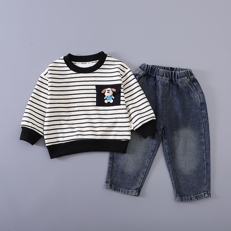Boys' striped cartoon pocket suit 2026 new fashion stylish children's clothing for 1-year-old infants spring and autumn cute outfit