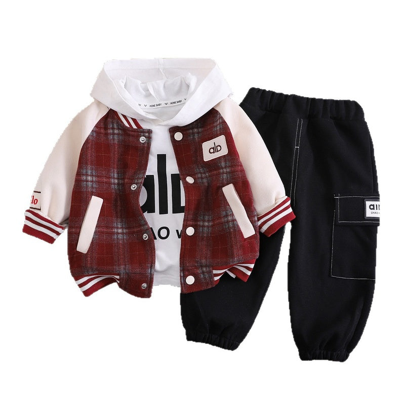 Boys' Outfit 2026 New Fashionable Children's Spring and Autumn Hooded Baseball Jacket Three-Piece Set Baby Trendy Clothing