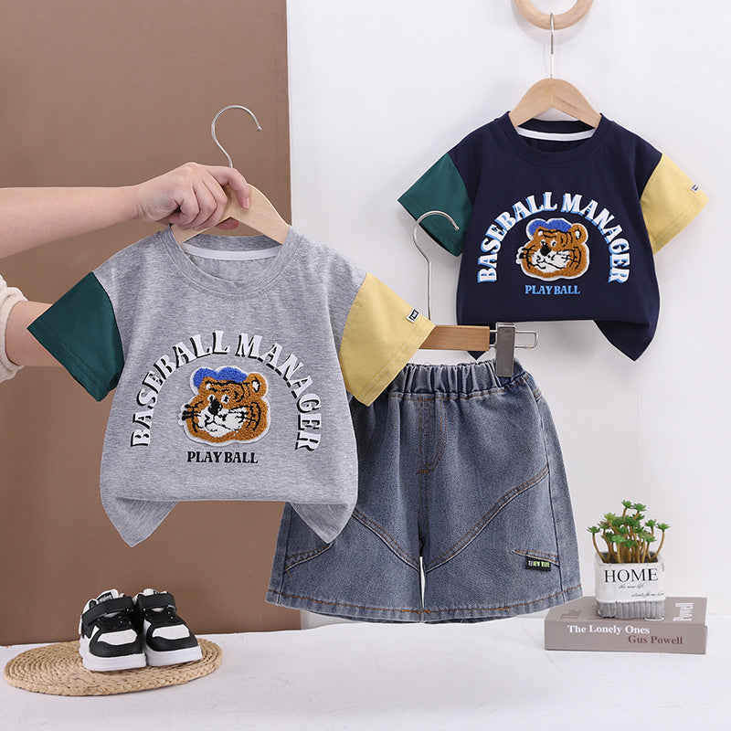 Boys' Outfit 2026 New Children's Cartoon Animal Clothes Baby Summer Thin Color-Block T-Shirt Two-Piece Set