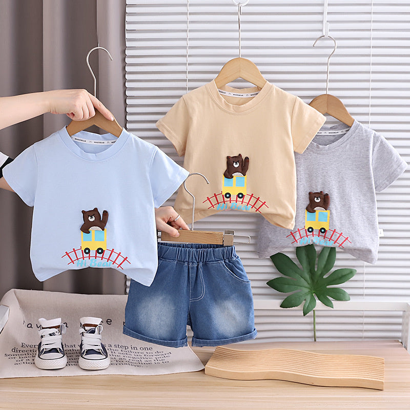 Baby Boy Train Bear Two-Piece Set 2026 New Summer Infant Short Sleeve Outfit 1-3 Years Old